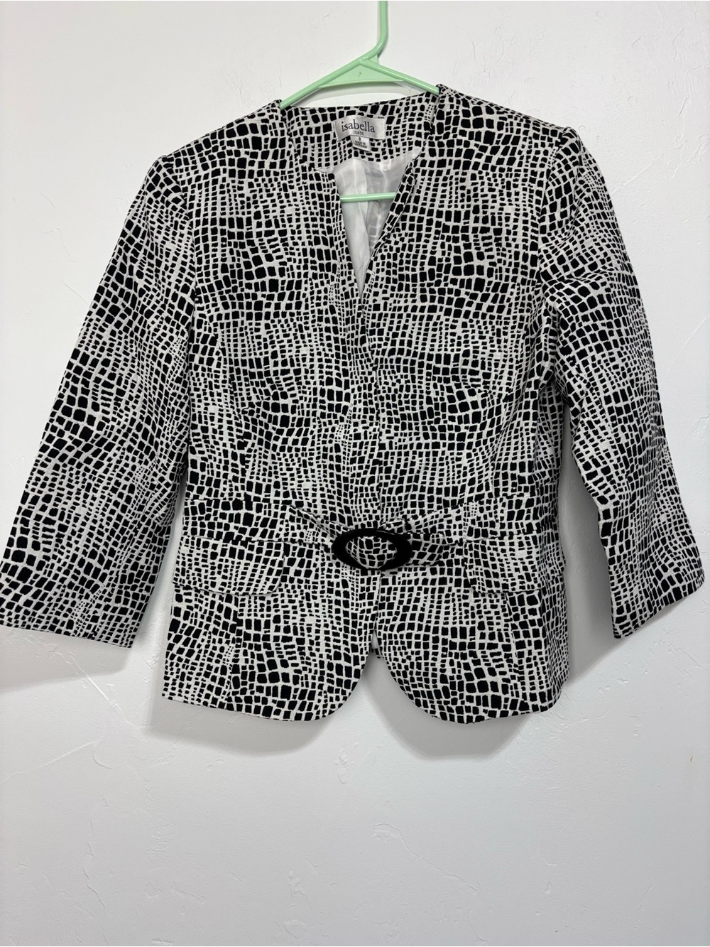 Isabella Suits Womens 8 Black White Geometric Lined Blazer Snap Buckle Cotton Bl